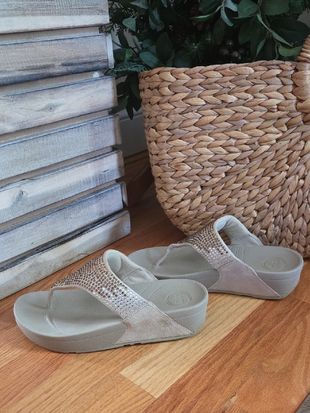 Fitflop Women's Taupe Wedge Sandals with Rhinestone Strap